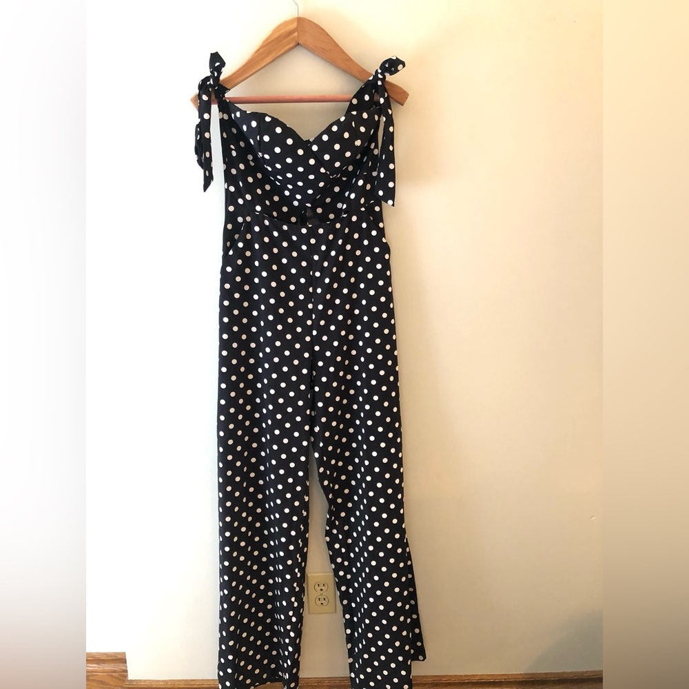 Polka Dot Tie-Strap Jumpsuit in Black and White